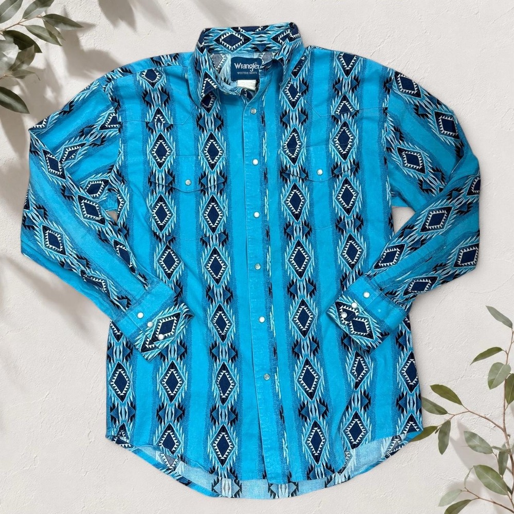 Wrangler Western Blue Aztec Geometric Diamond Pearl Snap Shirt Mens Size M